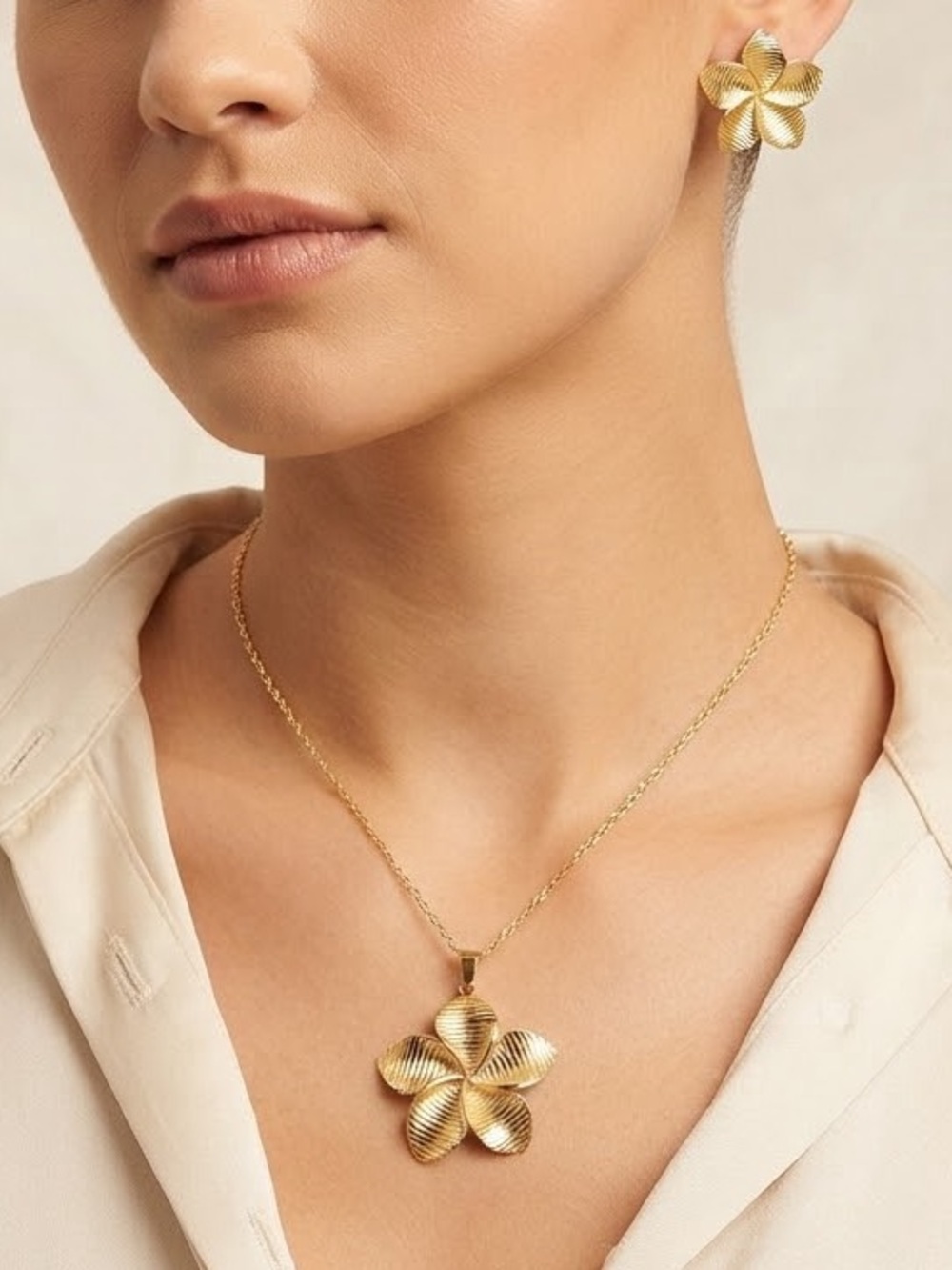Gold Floral Stainless Steel Necklace and Earrings Set